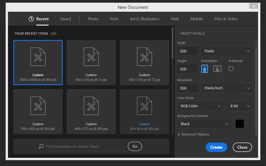 creating a new document in Photoshop